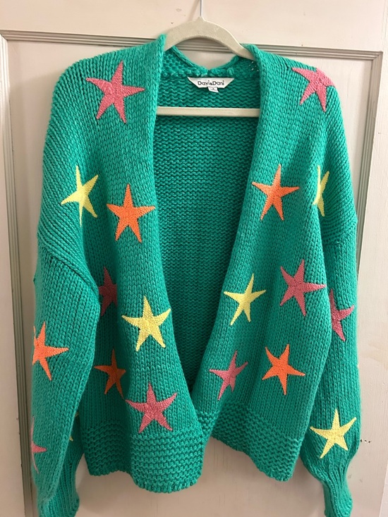 DAVI & DANI Sweaters - DAVI & DANI Teal Open-Front Star Cardigan with Pink, Orange & Yellow Accents